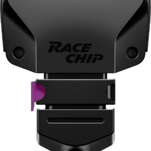 RS_render 4 - OPSHOLDERS Close-up of a RaceChip RS engine tuning module with a textured gray housing, logo, and a purple release lever on a plug-in mount, against a dark background.