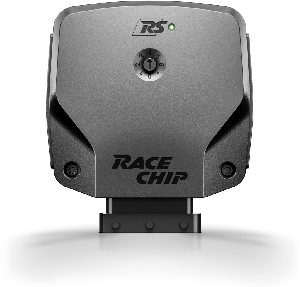 Close-up of a gray safe door with a circular dial and a green indicator light; 'RACE CHIP' branding visible.
