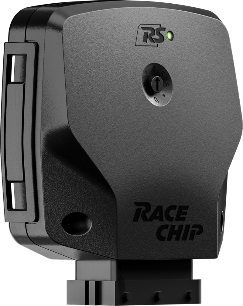RS_render 6 - OPSHOLDERS Close-up of a gray 'RACE CHIP' module featuring a circular dial with numbers and a green status light on the front panel.