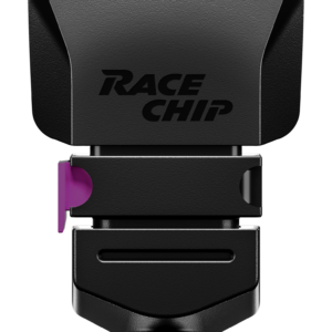 S_render 3 - OPSHOLDERS Race Chip performance tuning device with textured gray body, green status light, purple release tab, and braided cable mount sequence underway.