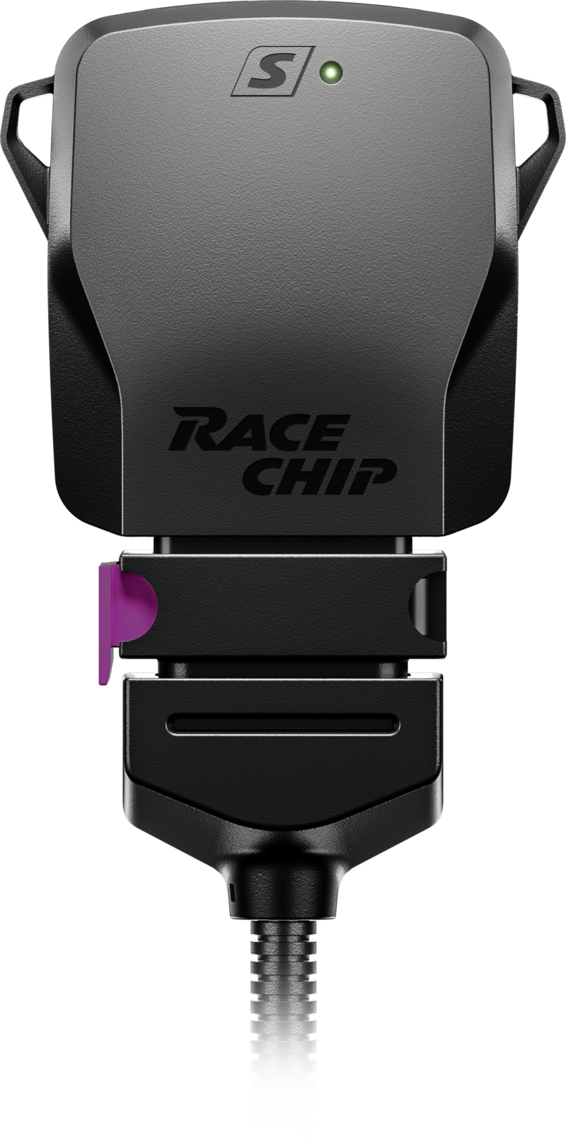 S_render 3 - OPSHOLDERS Race Chip performance tuning device with textured gray body, green status light, purple release tab, and braided cable mount sequence underway.