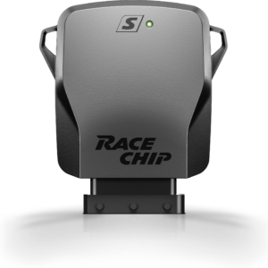 Close-up of a gray race chip device with a small green status LED and the words 'RACE CHIP' on a black background.