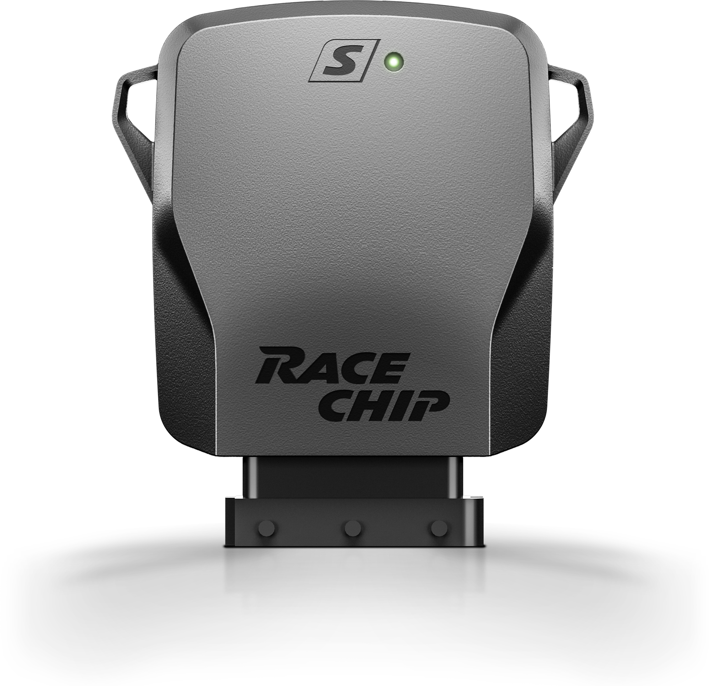 S_render 4 - OPSHOLDERS Close-up of a gray race chip device with a small green status LED and the words 'RACE CHIP' on a black background.