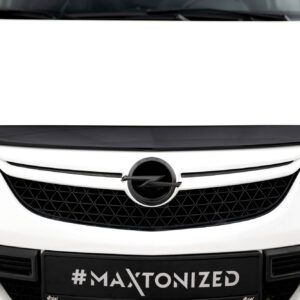 Front view of a white car with a black honeycomb grille and Opel badge, showing the hashtag #MAXTONIZED on the front plate.