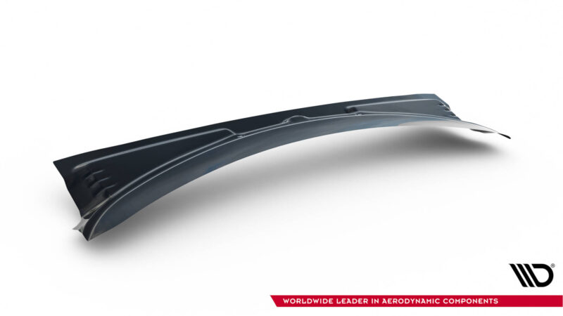 Curved dark aircraft winglet/airfoil blade on a white background with a red slogan banner reading 'Worldwide Leader in Aerodynamic Components' seen along the bottom edge.