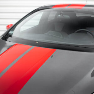 Close-up of a gray sports car hood with bold red racing stripes running along the center and a windshield in the background.