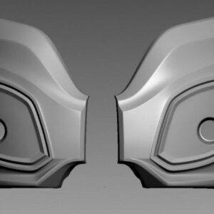 Two symmetrical gray 3D sculpted shell pieces facing each other, each with a recessed circular detail and layered contours.