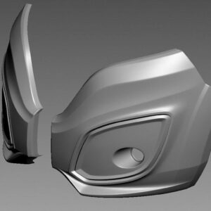 Exploded 3D render of a car body panel and a separate component, showing a front fender-like piece with a recessed cavity in gray tones.