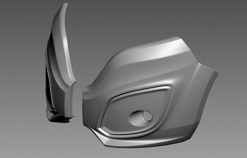 Exploded 3D render of a car body panel and a separate component, showing a front fender-like piece with a recessed cavity in gray tones.