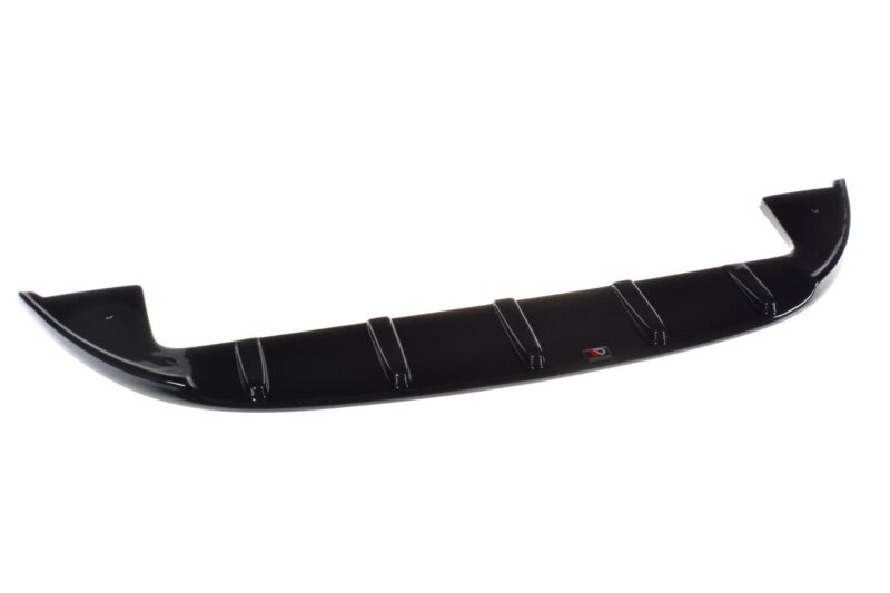 Glossy black automotive rear spoiler with multiple fins, shown from side view on a white background
