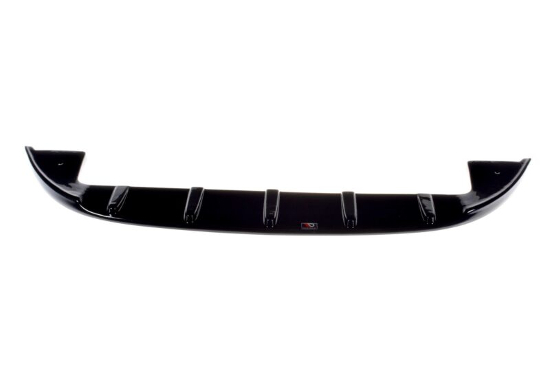Black glossy rear car spoiler with aerodynamic fins, photographed against a white background.