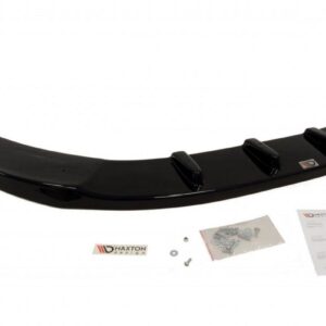 Rear car spoiler in glossy black with mounting brackets and hardware kit, shown with installation screws and instruction sheet.