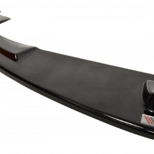 pol_po_FRONT-SPLITTER-suitable-for-Alfa-Romeo-147-GTA-621_6jpg - OPSHOLDERS Curved black rear car spoiler with a chrome badge on glossy finish, seen at an angle.