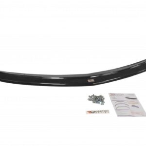 Gloss black curved car spoiler lip with mounting hardware and installation sheet on a white background