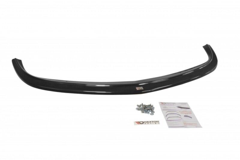 Gloss black curved car spoiler lip with mounting hardware and installation sheet on a white background