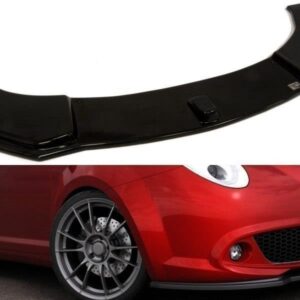 Black rear spoiler wing for a car, shown above a red sports car with large alloy wheels on a white background.