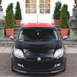 Front view of a black Fiat with a red roof parked in front of a white door and potted evergreens on steps.