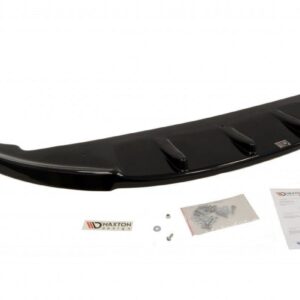 Black curved car spoiler with mounting hardware and instruction sheets shown below. For aftermarket styling/upgrade.