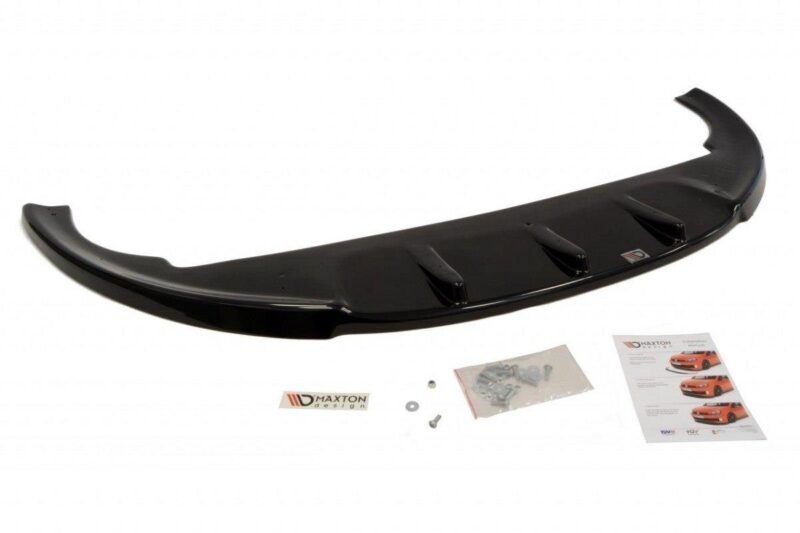 Black curved car spoiler with mounting hardware and instruction sheets shown below. For aftermarket styling/upgrade.