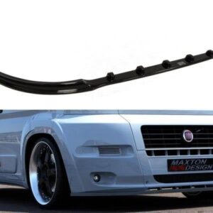 Black curved front lip spoiler displayed on a white background, with a white car shown below to illustrate fitment on the front bumper.