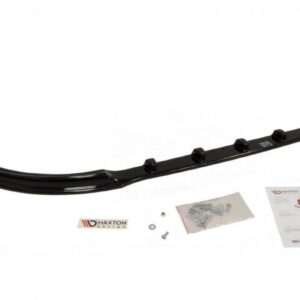 Black curved front bumper lip spoiler with mounting hardware, screws, bag of fittings, and installation instructions for a car.
