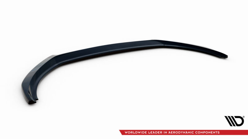 Curved dark blue aerodynamic component (spoiler/winglet) on a white background, brand logo in bottom-right corner.