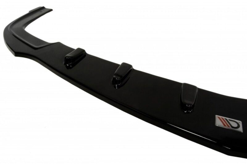 Black curved automotive spoiler blade with three raised fins and a small logo on the end, image-focused product shot