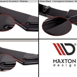 pol_po_FRONT-SPLITTER-suitable-for-Opel-ASTRA-J-GTC-835_3jpg - OPSHOLDERS Top-left: textured black finish on a car wing component; top-right: gloss black finish; bottom-left: carbon fiber look finish; bottom-right: Maxton design logo on white background