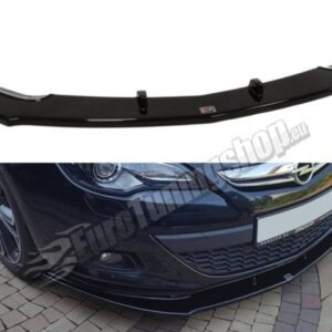 Black front bumper lip spoiler (splitter) shown detached above a dark car with the lip fitted to the front bumper on the lower fascia.