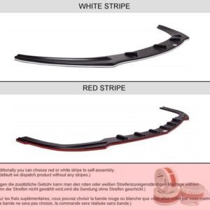 pol_po_FRONT-SPLITTER-suitable-for-Opel-ASTRA-J-GTC-835_7jpg - OPSHOLDERS Infographic showing white stripe (top) and red stripe (bottom) curved car spoilers with mounting tabs; includes tape for self-assembly and multilingual notes.