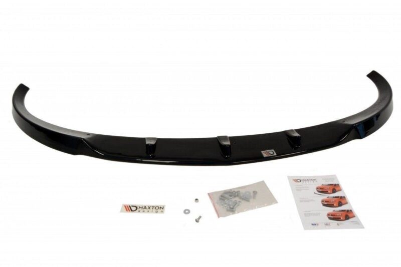 Black curved rear lip spoiler with mounting hardware and instruction sheet included for car installation.