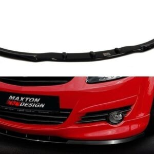Black curved front lip spoiler shown above a red sports car, designed to mount to the bumper.