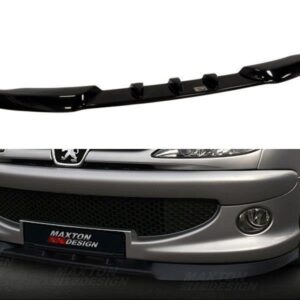 Black front bumper lip spoiler (air splitter) displayed above a silver car front, showing aerodynamic accessory details.