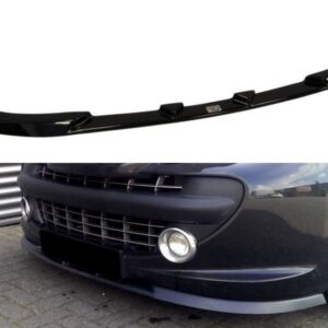 Two-part image: a black curved front splitter/spoiler (car aero lip) shown on white background, and a black sports car with a lowered front bumper and large wheels in a parking area below.