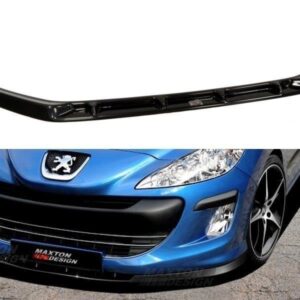 Black front bumper lip spoiler shown above a blue Peugeot car (front view) against a white background and paved surface.