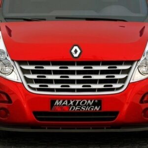 Front view of a red Renault van with a chrome grille and Maxton Design license plate nearby the bumper