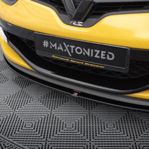 pol_po_FRONT-SPLITTER-suitable-for-Renault-MEGANE-3-RS-v-1-872_6jpg - OPSHOLDERS Front view of a bright yellow Renault car, with a black license plate reading '#MAXTONIZED' and yellow accents nearby