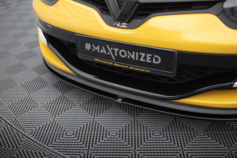 pol_po_FRONT-SPLITTER-suitable-for-Renault-MEGANE-3-RS-v-1-872_6jpg - OPSHOLDERS Front view of a bright yellow Renault car, with a black license plate reading '#MAXTONIZED' and yellow accents nearby
