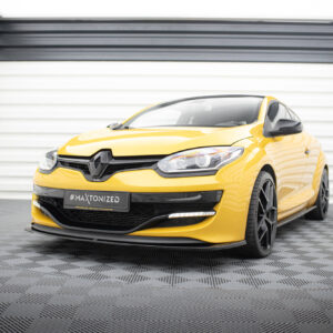 Yellow Renault car in a white showroom, front-three-quarter view with a license plate reading #MAXTONIZED.