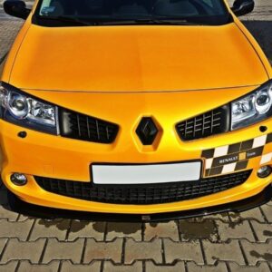 Front view of a yellow Renault car with a black-and-white checkered racing stripe and 'Renault Team' badge on the bumper.