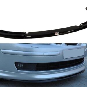 Black front bumper lip splitter shown detached above a car's front bumper assembly on a white background (accessory for lowering and aerodynamics).