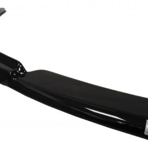 Close-up of a glossy black curved blade-like plastic part with a small red-and-white logo plate on the side.