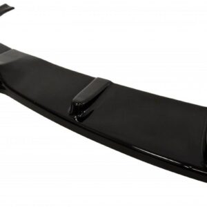Black curved car spoiler viewed from the side, showing its aerodynamic shape and mounting supports on a white background.