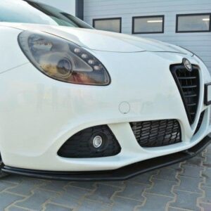 pol_po_Front-Splitter-V-1-suitable-for-Alfa-Romeo-Giulietta-415_4jpg - OPSHOLDERS Close-up of a white Alfa Romeo front end, showing headlight, grille, and lower bumper with fog light on the left side.