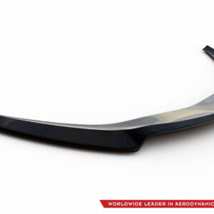 Glossy curved aerodynamic component on a white background with the brand logo in the bottom-right corner and a red slogan strip.