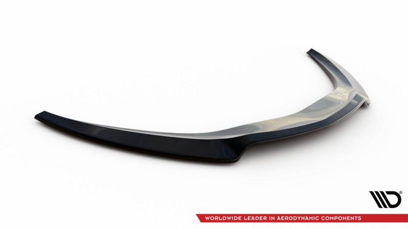 Glossy curved aerodynamic component on a white background with the brand logo in the bottom-right corner and a red slogan strip.