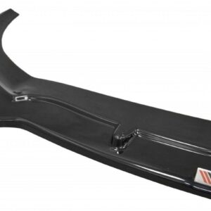 Black car rear spoiler with a curved tip and glossy finish, shown from a side angle with a small badge on the edge.