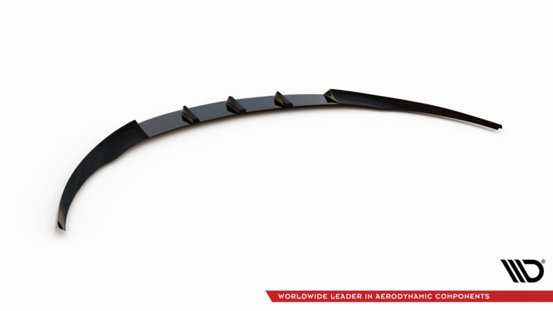 Curved black aerodynamic strip with mounting fins along its length on a white background; company logo in bottom-right corner, red slogan bar visible.