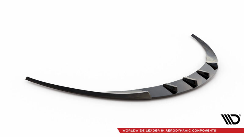 Curved glossy black aerodynamic component with angular facets on a white background, logo bottom-right and a red ribbon reading 'WORLDWIDE LEADER IN AERODYNAMIC COMPONENTS'