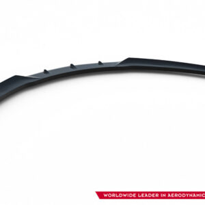 pol_po_Front-Splitter-suitable-for-Opel-Corsa-D-OPC-VXR-840_3jpg - OPSHOLDERS Curved black aerodynamic component with small fins on top, displayed on a white background with a red banner reading 'WORLDWIDE LEADER IN AERODYNAMIC COMPONENTS' at the bottom right.